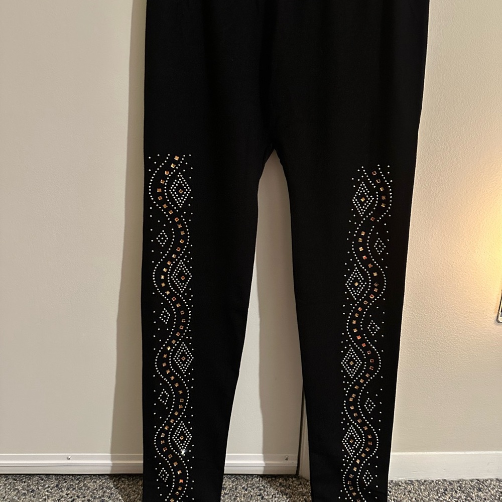 Black Leggings with Colorful Rhinestone Design